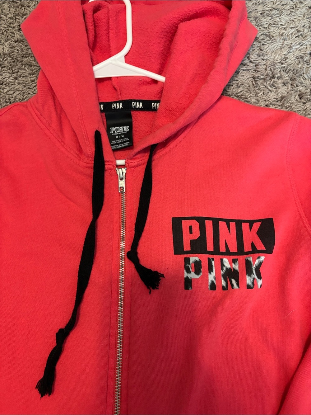 PINK Coral Zip-Up Hoodie with Black Drawstrings
